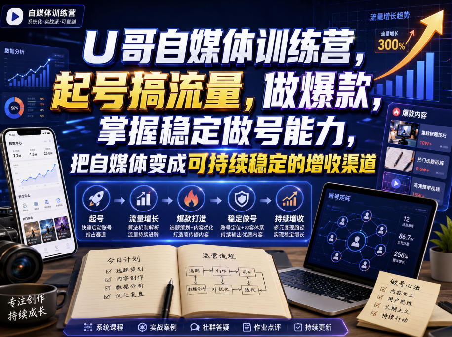 U哥自媒体训练营，起号搞流量，做爆款，掌握稳定做号能力，把自媒体变成可持续稳定的增收渠道-16888副业资讯