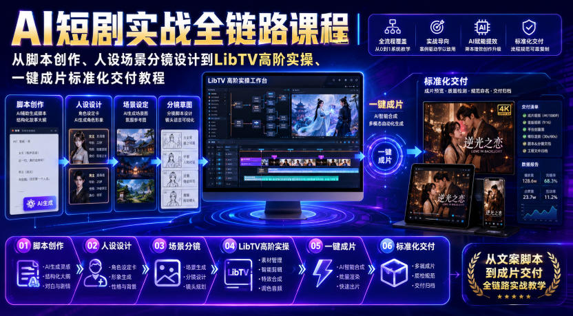 AI短剧实战全链路课程｜从脚本创作、人设场景分镜设计到LibTV高阶实操、一键成片标准化交付教程-16888副业资讯