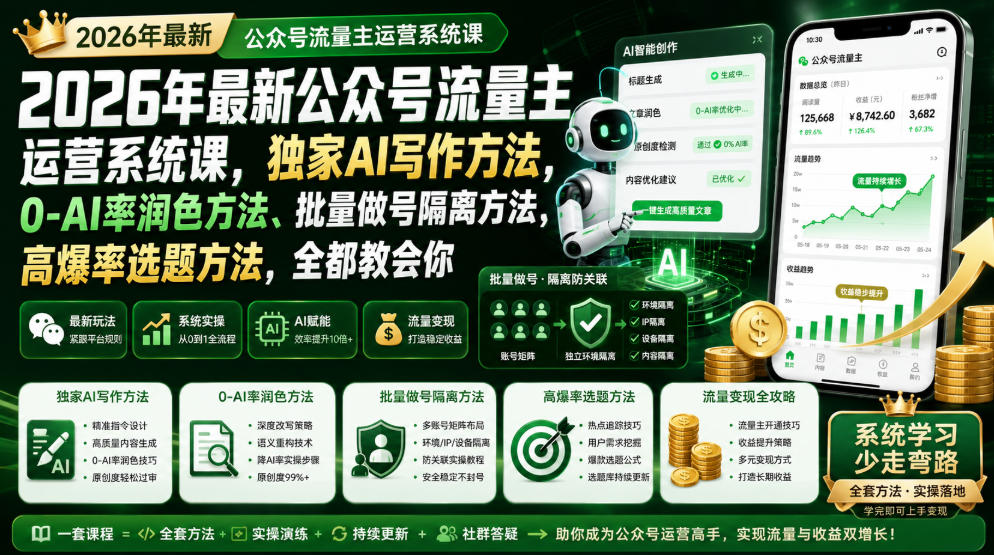 2026年最新公众号流量主运营系统课，独家AI写作方法，0-AI率润色方法、批量做号隔离方法、高爆率选题方法，全都教会你-16888副业资讯